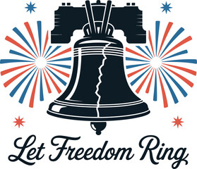 Minimal vintage bell icon with glowing edge and classic let freedom ring typography below  
