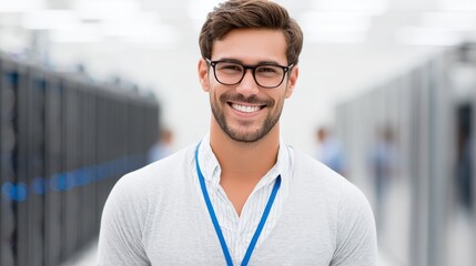 Fototapeta premium A smiling young man wearing glasses and a lanyard stands confidently in a bright, modern office or data center corridor.