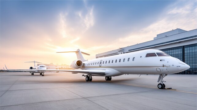 Two sleek private jets are parked on a runway at sunset, with a modern terminal building in the background.