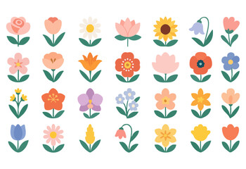Flat vector flower icon set featuring a diverse selection of blooms like tulips, sunflowers, daisies, lotuses, and more. Ideal for spring, nature, decorative, and botanical design projects.