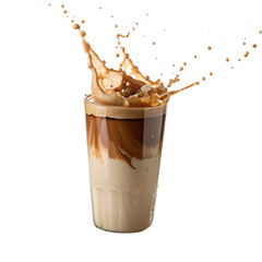 Photorealistic Coffee Splash in Transparent Glass with Creamy Swirls and Droplets on White Background