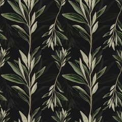 Elegant watercolor botanical pattern design with seamless foliage on a dark background