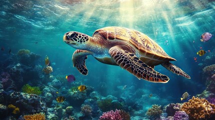 Obraz premium Sea turtle swimming in coral reef