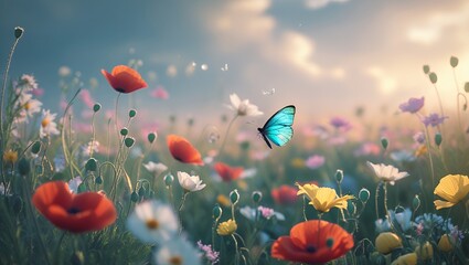 Obraz premium Butterfly Flying Over a Colorful Wildflower Meadow in Soft Sunlight