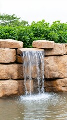 Fototapeta premium Beige Stone Waterfall Cascading into Pond with Lush Green Foliage