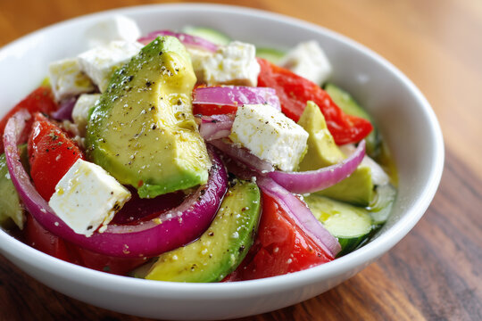 Greek salad with avocado and chili
