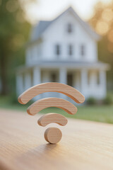 Wooden WiFi Symbol and Blurred House