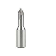 Gleaming rotary tool engraving cutter bit with sharp conical carbide tip and polished stainless steel shank, detailed macro studio product shot against a pristine seamless transparent void background