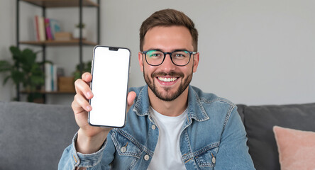 Smiling man holding up a smartphone with a blank white screen