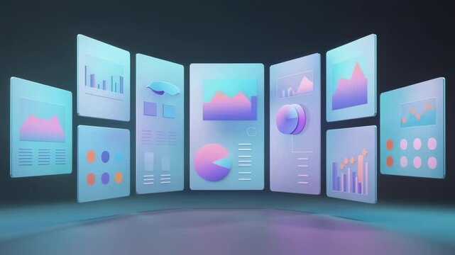 Emerging nine digital panels animating charts in demo arena, bars growing and pie expanding