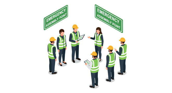 Group of diverse workers at emergency assembly point in safety gear vector illustration