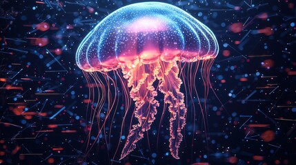 Jellyfish with glowing square and diamond patterns floating in deep blue water, dark navy background, simple shapes, minimalist design, mobile game graphics style, small fish in distance.