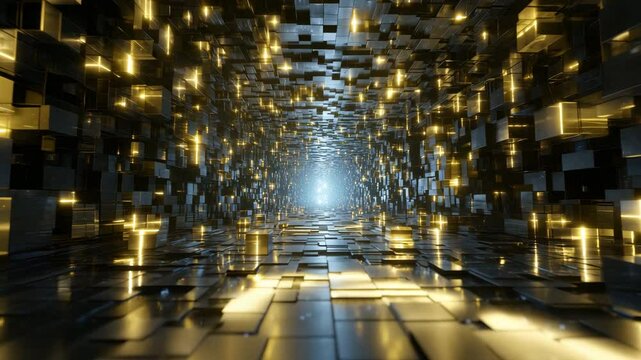 Futuristic Digital Tunnel with Glowing Blocks
