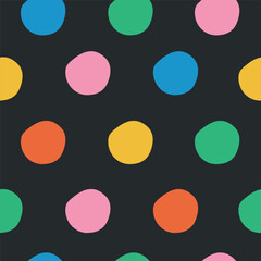 Seamless pattern with colorful circles on black background. Vector illustration.