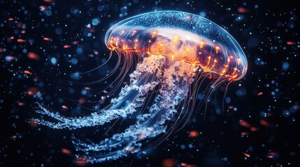 Jellyfish with glowing square and diamond patterns floating in deep blue water, dark navy background, simple shapes, minimalist design, mobile game graphics style, small fish in distance.