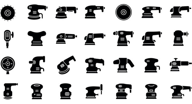 Set of various silhouette sanding tools and power sanders icons vector illustration