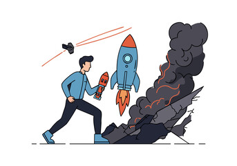 A determined man launches a rocket from a burning wreckage, symbolizing resilience and overcoming setbacks. Dynamic illustration with a modern, graphic style.