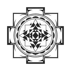 Fototapeta premium Geometric Mandala Illustration: Intricate symmetrical design featuring triangles, squares, and circles; Isolated on white, detailed line art in black and white.