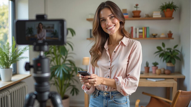 Joven influencer sonriente graba contenido desde casa con su celular sobre tr&iacute;pode. Entorno acogedor, plantas, libros y luz natural. Ideal para representar trabajo remoto y redes sociales.