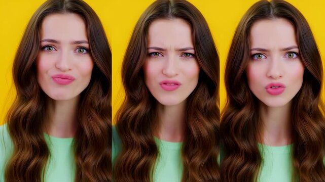 A beautiful young adult with green eyes and pink lipstick changes her expression from a flirty pucker to playful annoyance.