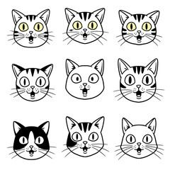 Cartoon Cat Illustration Gallery with a Variety of Facial Expressions Depicting Surprise Amazement and Other Emotions Featuring Nine Unique Characters