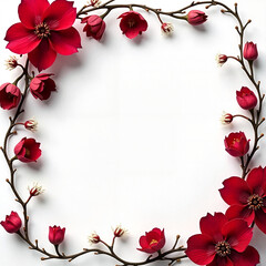 Floral frame in romantic style with deep red roses and ivy in white tones for invitations and celebrations [with copy space]