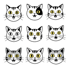 Obraz premium Nine Cute Cartoon Cat Heads Depicting Various Fur Patterns and Facial Expressions in a Grid Formation on White