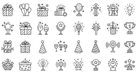 Fototapeta premium Celebration icons: gifts, balloons, stars, microphones, awards, and party elements in black and white outline vector illustration