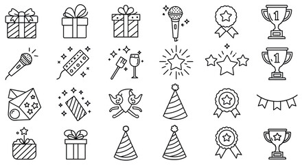 Outline icons of gifts, party accessories, microphones, trophies, ribbons, and stars for celebrations vector illustration