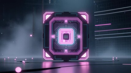 Pulsing cube device hovering above platform sending magenta spheres through neon chamber mist - Powered by Adobe