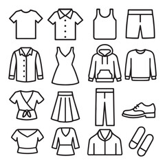 Clothes icons set vector. Sweatshirt, hoody, pullover, bathsuit, jacket, evening dress, cardigan, trousers visualization vector illustration.