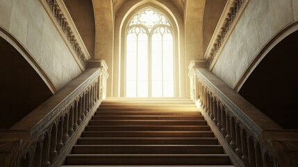 Grand Staircase bathed in Sunlight through Gothic Window