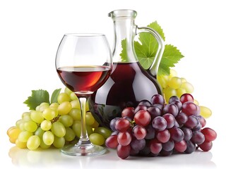 Red and white wine with grapes in a glass and carafe