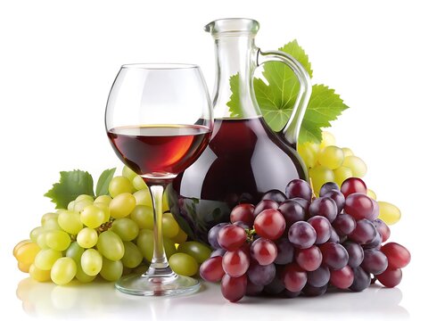 Red and white wine with grapes in a glass and carafe