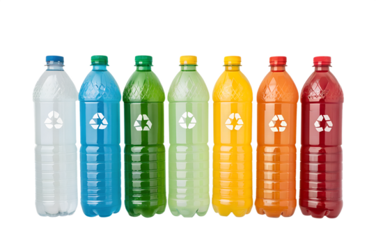 Color coded plastic bottles neatly arranged PNG Image 