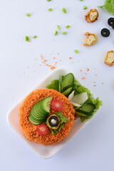 Top view of Crispy Chicken bread with some veggies