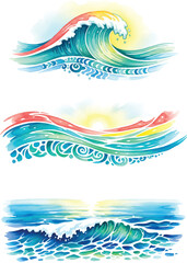 Watercolor set of three ocean waves illustrations.