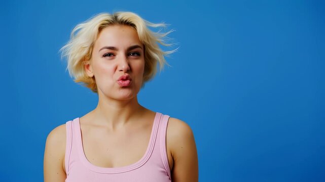 A fun-loving young adult woman with a messy blonde bob makes a series of goofy faces for the camera. Her hair flutters in the wind as she grimaces and pouts against a plain blue studio backdrop.