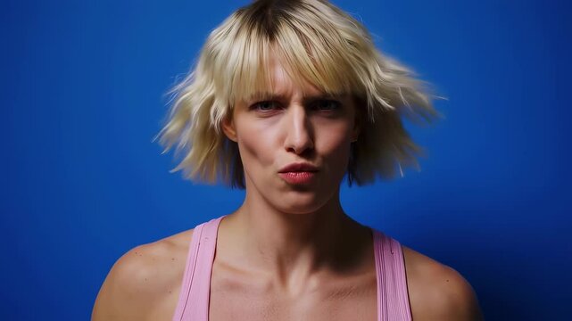 A fun-loving young adult woman with a blonde bob makes a series of goofy expressions for the camera. In a static closeup, her hair flies around as she poses against a solid blue studio backdrop.