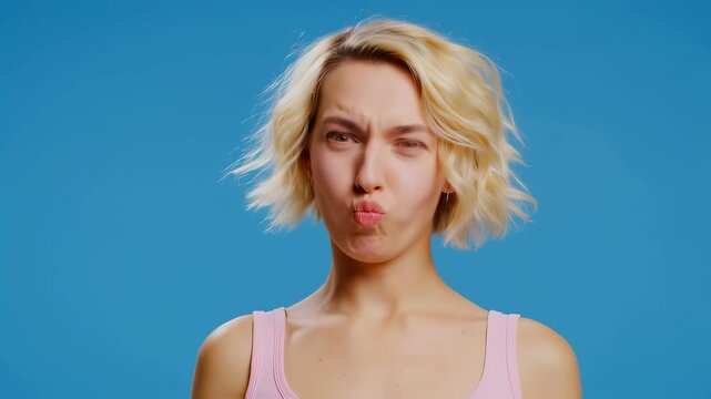 An expressive young adult with wavy blonde hair grimaces, looks surprised, and signals for a break with a time out hand gesture, all while looking at the camera on a plain blue background.