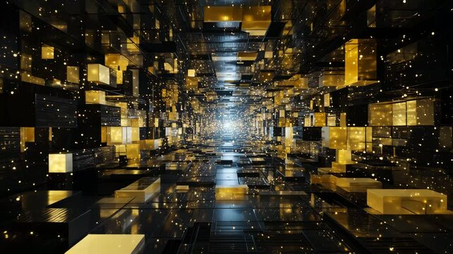 Golden Cubes in Motion Through Digital Void
