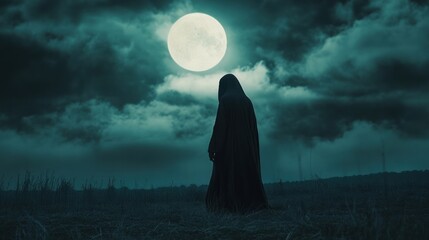 Solitary figure under a full moon