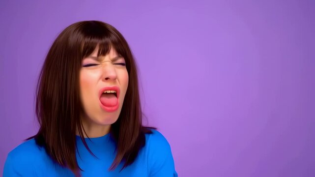 Expressive young adult woman in a blue top changes her emotion from deep sadness or disgust to pure joy, laughing and shaking her hair in a studio with a solid purple wall and copy space.