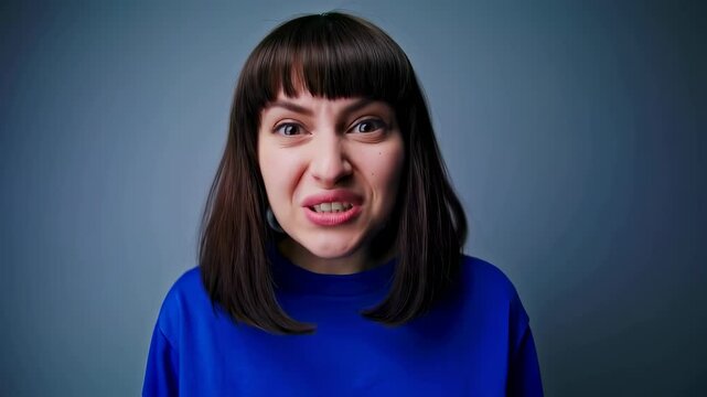 A young Caucasian woman with a bob haircut and bangs reacts with a range of emotions. She shows surprise, disgust, and then makes a goofy face, sticking out her tongue on a plain gray background.