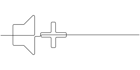 Sound volume plus continuous one line drawing, Media Thin Line Icon - Editable Stroke.
