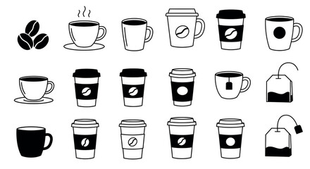 Variety of coffee and tea cup icons in black and white design vector illustration