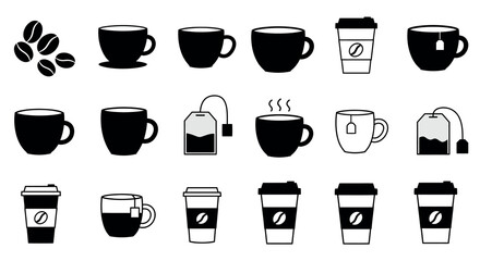 Coffee icons set: cups, beans, mugs, and tea bags collection vector illustration
