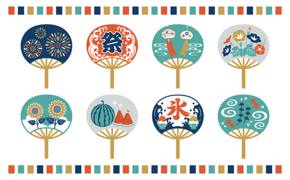 Illustration of a folding fan featuring Japanese summer scenes