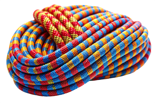 Colorful Climbing Rope Neatly Coiled and Tied Red Blue Gold Stripes Thick Texture Knotted A I G E N E R A T E D - P N G isolated on a transparent background