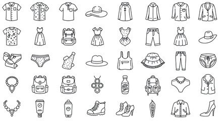 Outline icons of fashion and accessories including clothing, footwear, bags, and jewelry vector illustration